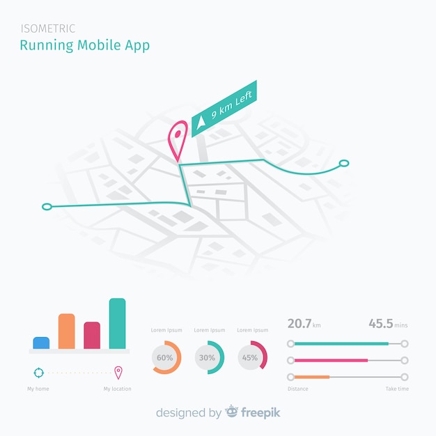 Isométrique en cours d'exécution application mobile infographique Vecteur gratuit