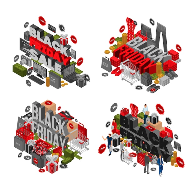 Jeu de bannière noir vendredi. ensemble isométrique de bannière de vecteur vendredi noir pour la conception web Vecteur Premium