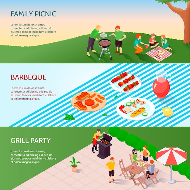 Jeu De Bannières Isométriques Grill Party Vecteur gratuit