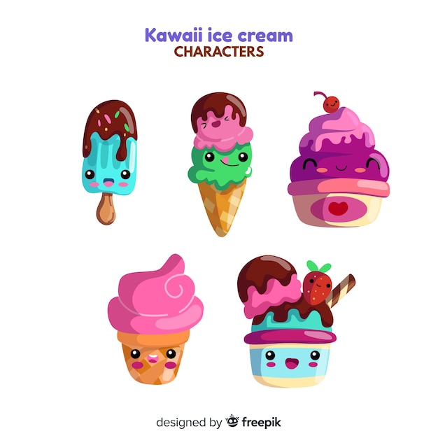 Jeu de caractères de crème glacée kawaii dessinés à la main Vecteur gratuit