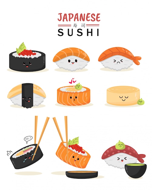 Jeu De Caracteres De Sushi Japonais Expression D Emoticone Caricature De Dessin Anime Avec Du Thon Frais Vecteur Premium