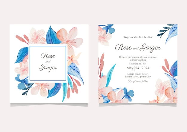 Jeu De Carte Avec Fleur Aquarelle Carte De Voeux Modele De Conception D Invitation De Mariage Vecteur Premium