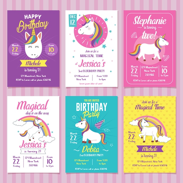 Jeu De Cartes D Invitation Anniversaire Licorne Vecteur Premium