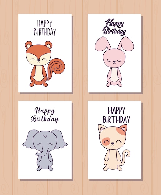 Jeu De Cartes De Joyeux Anniversaire Avec Des Animaux Marrants Vecteur Premium