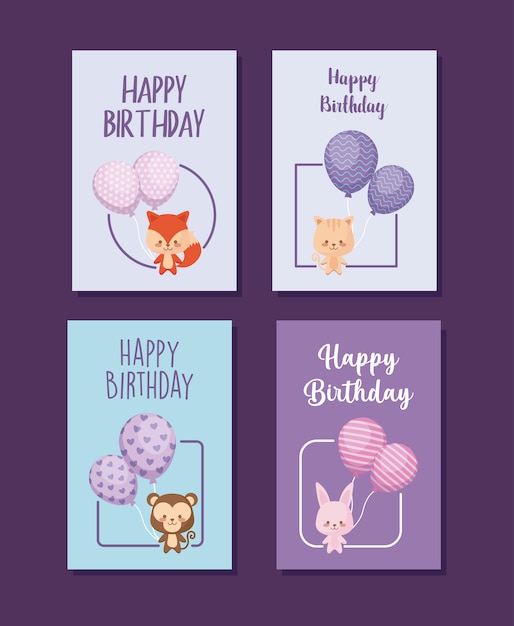 Jeu De Cartes De Joyeux Anniversaire Avec Des Animaux Marrants Vecteur Premium