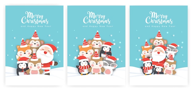 Jeu De Cartes De Noel Et Cartes De Voeux De Nouvel An Avec Des Animaux Mignons Dans La Neige Vecteur Premium
