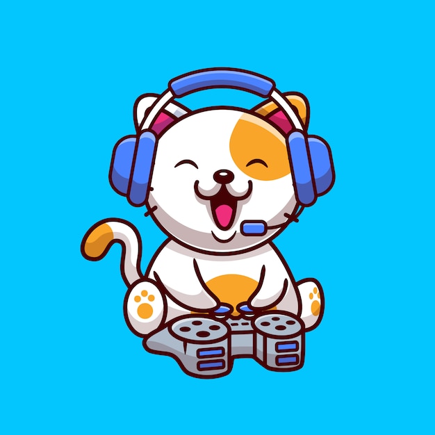 Jeu De Chat Mignon Avec Casque Et Console Icone De Dessin Anime Illustration Concept D Icone De Jeu Animal Isole Style De Bande Dessinee Plat Vecteur Premium