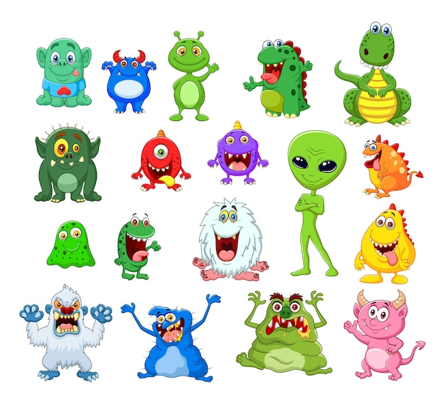 Jeu de collection de monstres de dessin animé Vecteur Premium