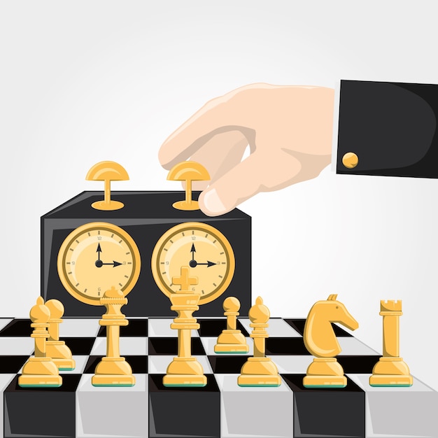 Jeu d'échecs et main touchant une icône d'horloge d'échecs Vecteur Premium