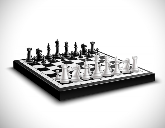 Jeu d'échecs réaliste avec jeu de figures 3d en noir et blanc Vecteur gratuit