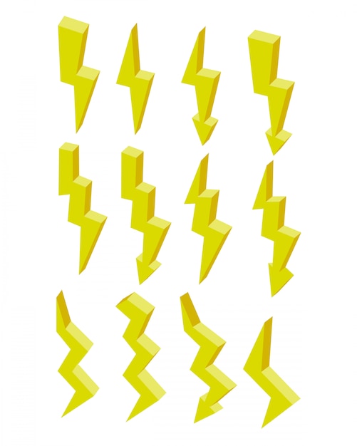 Jeu d'icône de foudre jaune plat isométrique d'électricité. Vecteur Premium