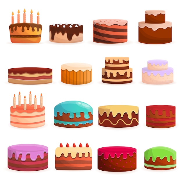 Jeu D Icones D Anniversaire De Gateau Ensemble De Dessin Anime D Icones Vectorielles Gateau Anniversaire Pour La Conception Web Vecteur Premium