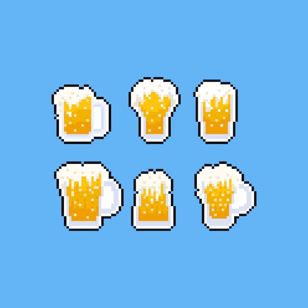 Jeu D'icônes De Chope De Bière Dessin Animé Pixel Art | Vecteur Premium