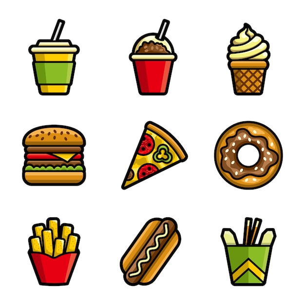 Jeu d'icônes colorées de fast-food vector Vecteur Premium