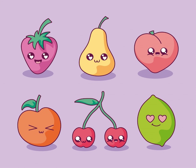 Jeu D ic nes De Dessins  Anim s De Fruits  Kawaii  Vecteur 