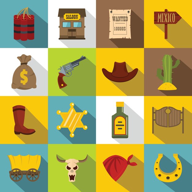 Jeu d'icônes de far west, style plat Vecteur Premium