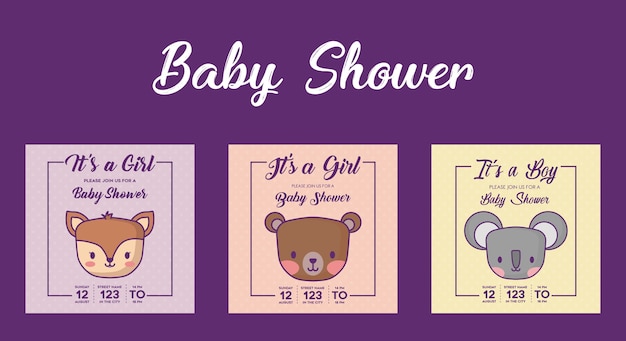 Jeu D Icones D Invitations De Douche De Bebe Avec Des Animaux Mignons Sur Fond Violet Design Colore Vecto Vecteur Premium