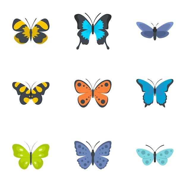 Jeu d'icônes de mite. ensemble plat de 9 icônes papillon Vecteur Premium