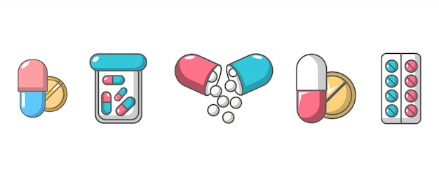 Jeu d'icônes de pilules. ensemble de dessin animé de pilules vector icons set isolé Vecteur Premium