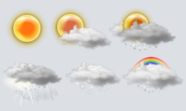 Jeu D Icones Realistes Meteo Soleil Nuage Arc En Ciel Tempete Pluie Vecteur Premium