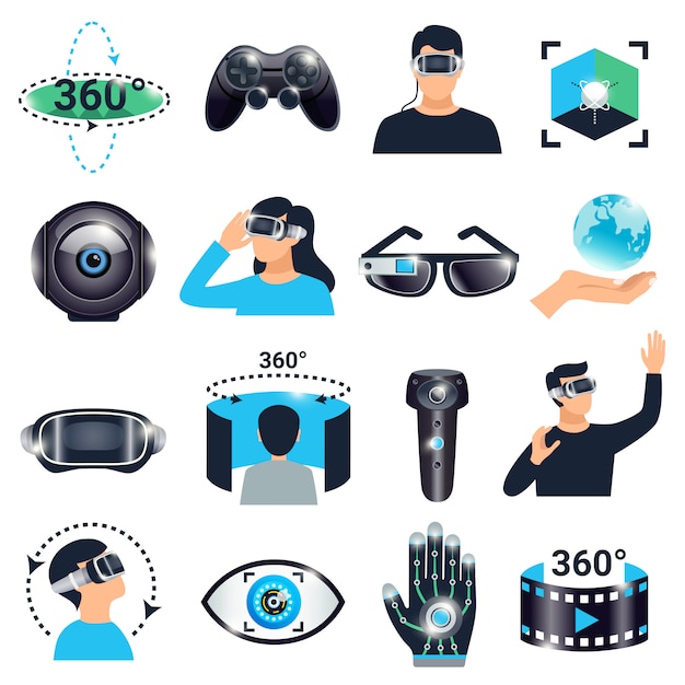 Jeu d'icônes de simulation de visualisation de réalité virtuelle Vecteur gratuit