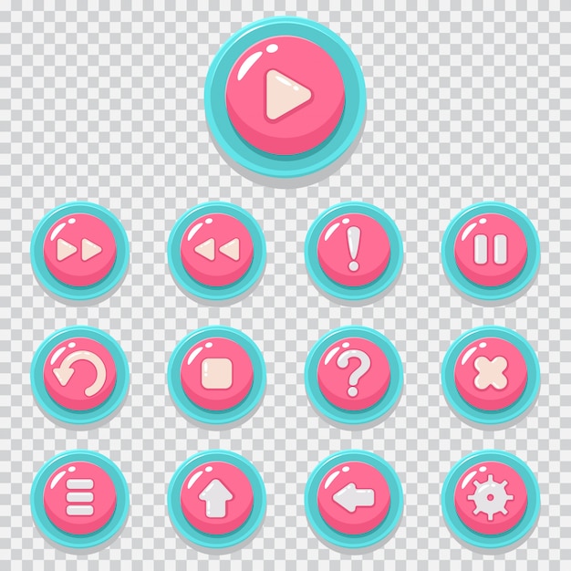 Jeu d'icônes vectorielles jeu bouton cartoon. élément web pour application mobile isolé sur fond transparent. Vecteur Premium