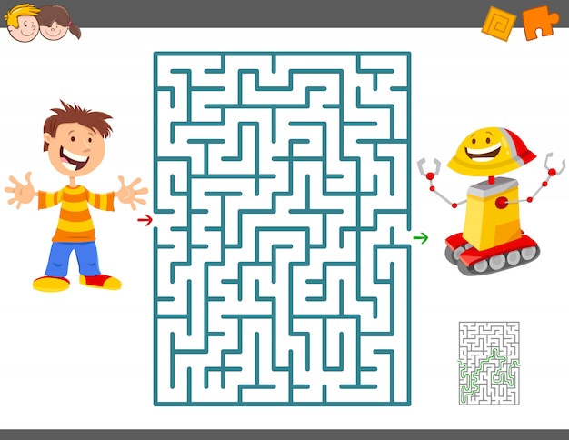 Jeu de labyrinthe pour enfants avec garçon et son robot jouet Vecteur Premium