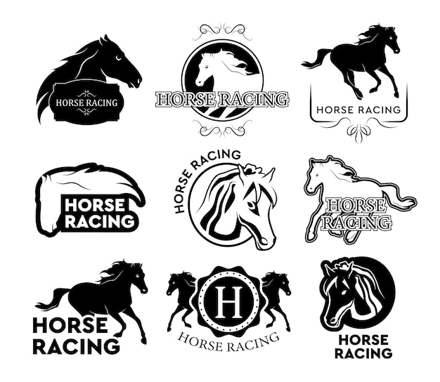 jeu de logo de course de chevaux cheval en cours d execution illustrations isolees avec du texte et des cadres dans des styles vintage peut etre utilise pour les etiquettes de sport equestre