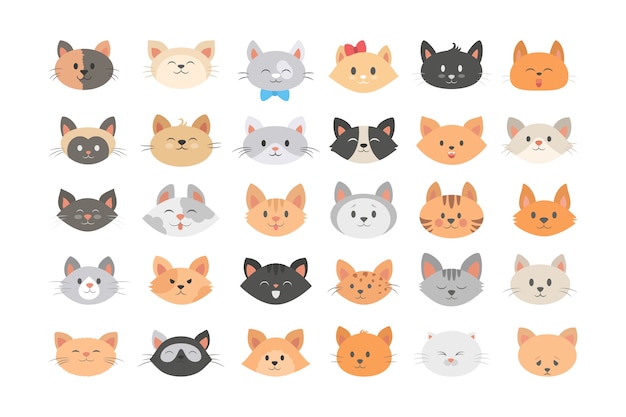 Jeu De Tete De Chat Collection D Animaux Mignons Et Droles Vecteur Premium