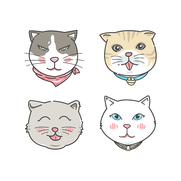 Jeu De Visages De Chat De Dessin Animé Style Dessiné à La