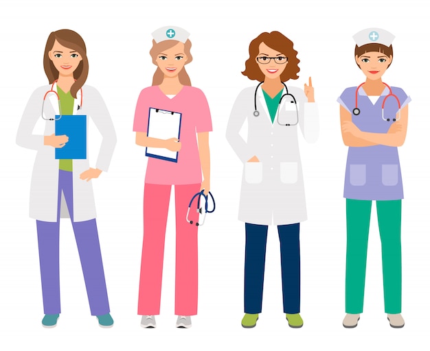 Jeune Femme Médecin Et Femme Infirmière Caractères Vector Illustration Souriant Travailleurs 