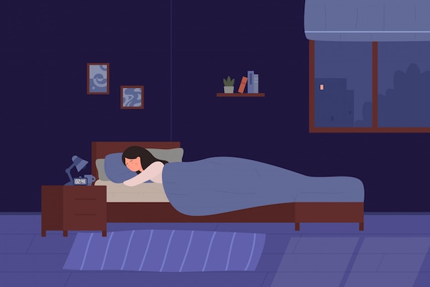 Jeune Femme Mignonne, Dormant Dans Son Lit. Chambre De Dessin Animé