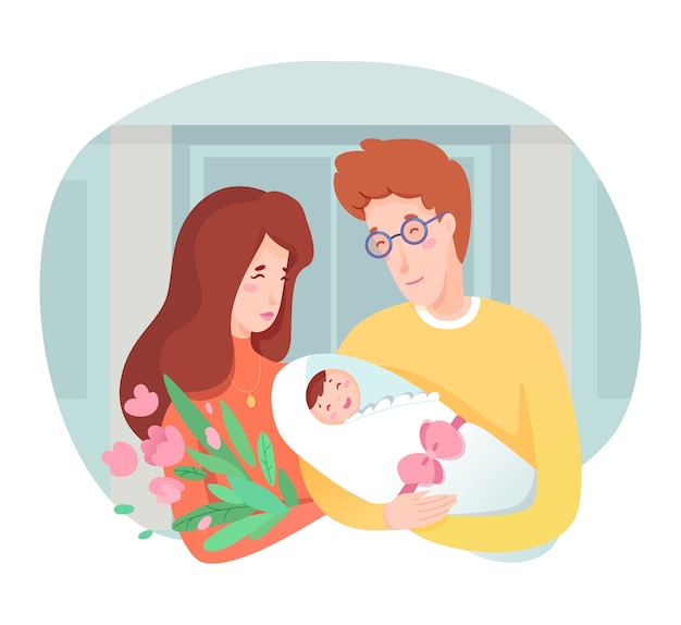 Jeune Mere Heureuse Et Pere Tenant Bebe Nouveau Ne Sur Les Mains Maternite Parentalite Et Accouchement Parents Etreignant L Enfant En Bas Age Bonheur Soins Et Amour Felicitations Illustration De Dessin Anime Vecteur