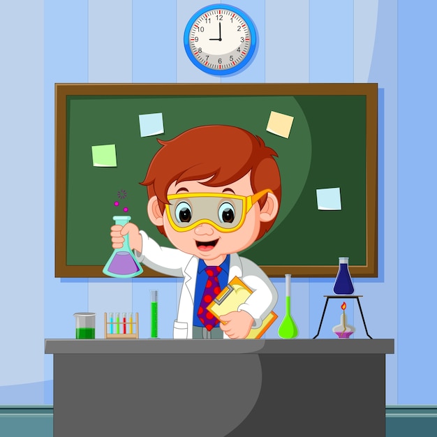 Jeune scientifique pointe vers le tableau et souriant Vecteur Premium