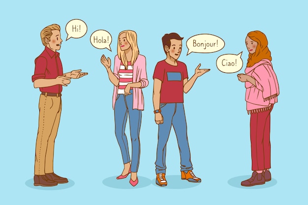 Jeunes Dessinés à La Main Qui Parlent Dans Différentes Langues Vecteur gratuit