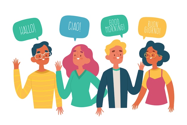 Jeunes dessinés à la main qui parlent dans différentes langues Vecteur gratuit