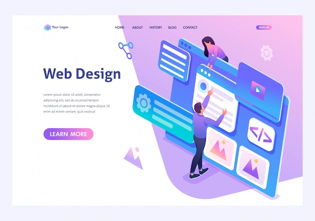 Les jeunes isométriques sont engagés dans la conception web, le développement de pages web. modèle de page de renvoi pour site web Vecteur Premium