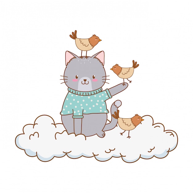 Joli Chat Dans Un Nuage Avec Personnage Arc En Ciel Vecteur Premium