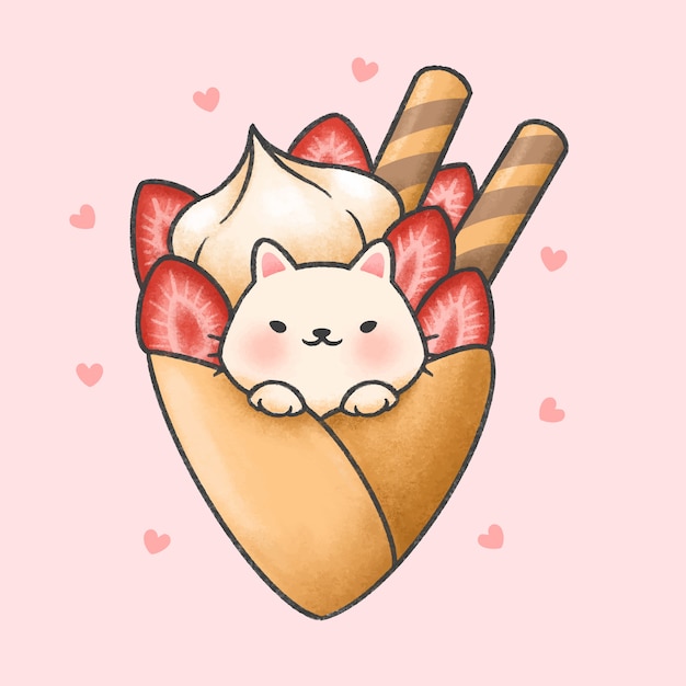 Joli Chat Avec Un Style Dessine A La Main De Dessin Anime Crepe Fraise Cremeuse Vecteur Premium