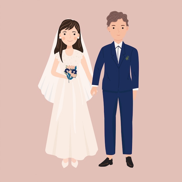 Joli Couple De Mariage En Illustration De Style Dessin Anime Vecteur Premium