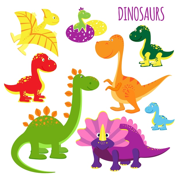 Joli Ensemble D Icones Vectorielles De Dinosaures De Bebe Dessin Anime Vif Aux Couleurs Vives Pour Les Enfants Montrant Une Variete D Especes Clipart Sur Blanc Vecteur Gratuite