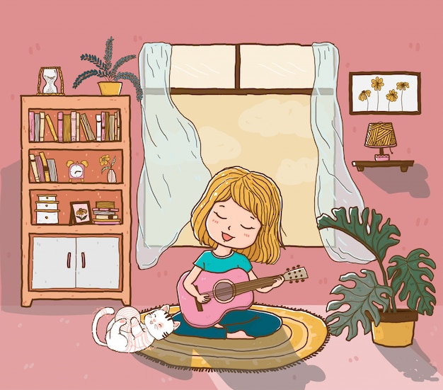 Jolie Fille Heureuse Joue De La Guitare Avec Un Chat Moelleux Ludique Dans Le Salon Eclaire Par Le Soleil Contour Doodle Dessin Plat Vecteur Premium