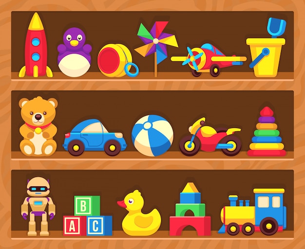 Jouets pour enfants sur les étagères des magasins de bois Vecteur Premium