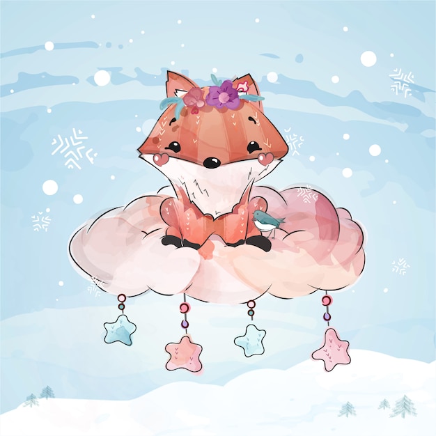 Jour de noël mignon fox dans le style aquarelle doodle. Vecteur Premium