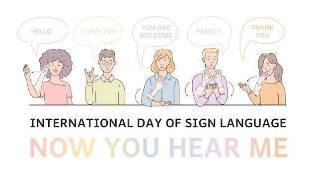 Journée internationale de la langue des signes avec des sourds-muets en communication. jeunes hommes et femmes parlant la langue à portée de main. le geste de communiquer des personnages avec un handicap Vecteur Premium