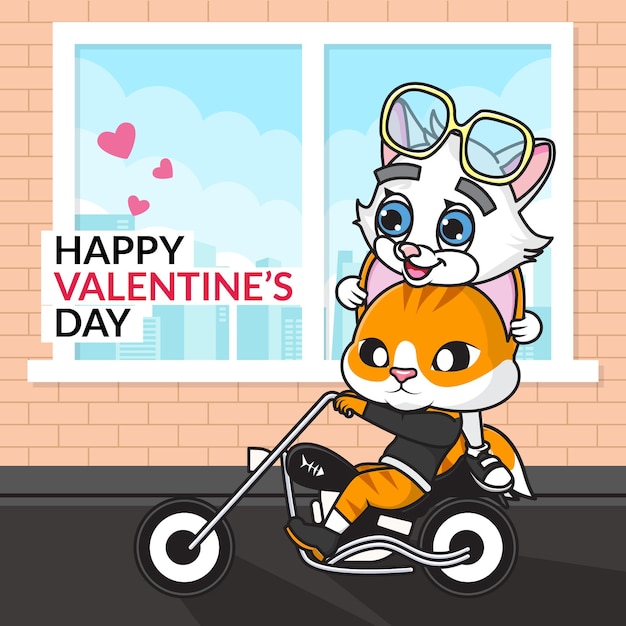 Joyeuse Saint Valentin Personnage De Dessin Anime Mignon De Couple Chat Conduisant Une Moto Vecteur Premium