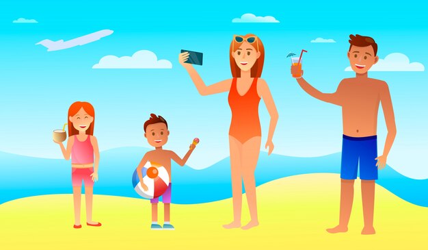 Joyeuses vacances en famille avec des enfants au pays chaleureux. Vecteur Premium