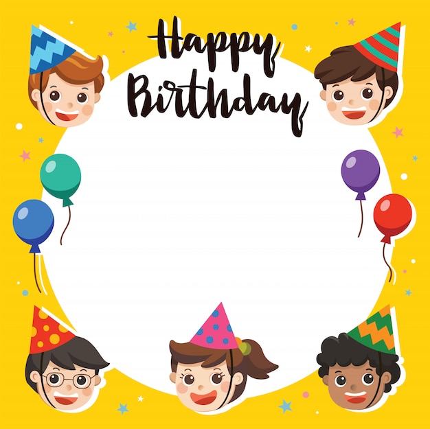 Joyeux Anniversaire Beaux Enfants Saluant Le Personnage Drole Et Le Modele De Carte D Invitation De Fete D Anniversaire Carte D Illustration Vecteur Premium