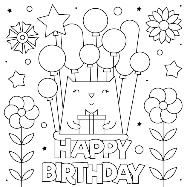 Joyeux Anniversaire Coloriage Noir Et Blanc Un Chat Avec Des Ballons Vecteur Premium