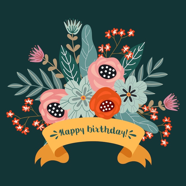 Joyeux Anniversaire Concept De Design Dessiner Main Floral Bouquet De Fleurs Et Ruban Avec Texte Vecteur Vecteur Premium